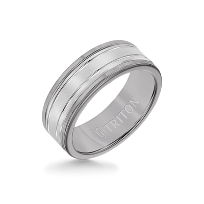 8MM Grey Tungsten Carbide Ring - Double Engraved 14K White Gold Insert with Round Edge
