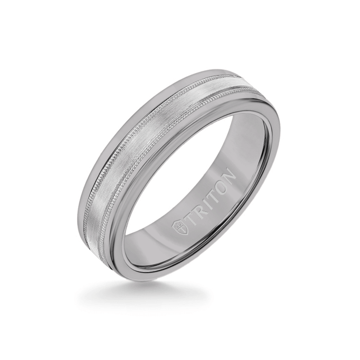 6MM Grey Tungsten Carbide Ring - Flat Milgrain 14K White Gold Insert with Round Edge