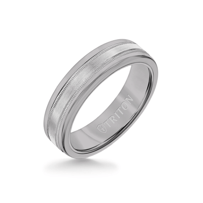 6MM Grey Tungsten Carbide Ring - Flat Milgrain 14K White Gold Insert with Round Edge