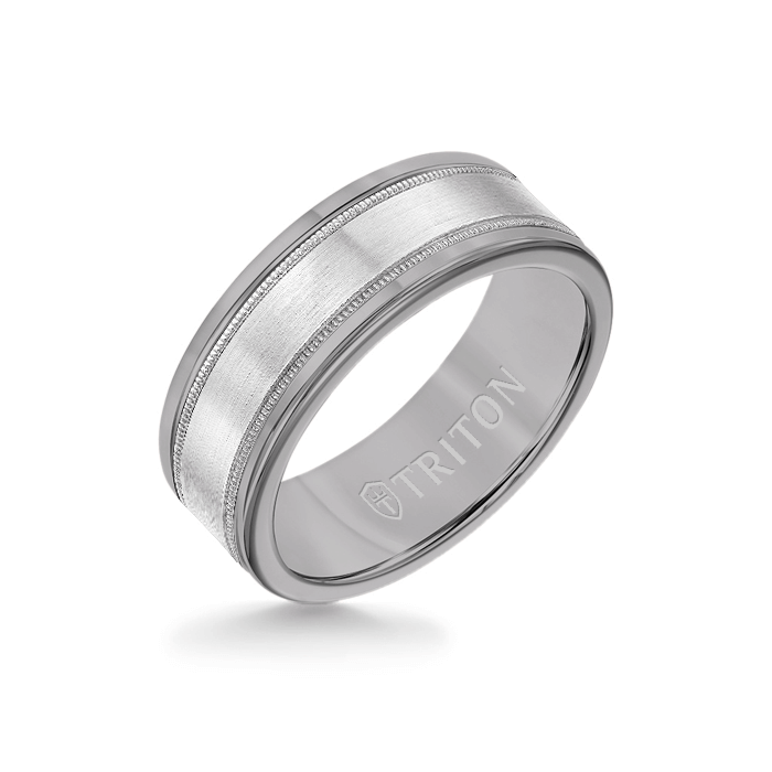8MM Grey Tungsten Carbide Ring - Flat Milgrain 14K White Gold Insert with Round Edge
