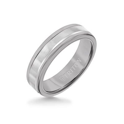 6MM Grey Tungsten Carbide Ring - Linear 14K White Gold Insert with Round Edge