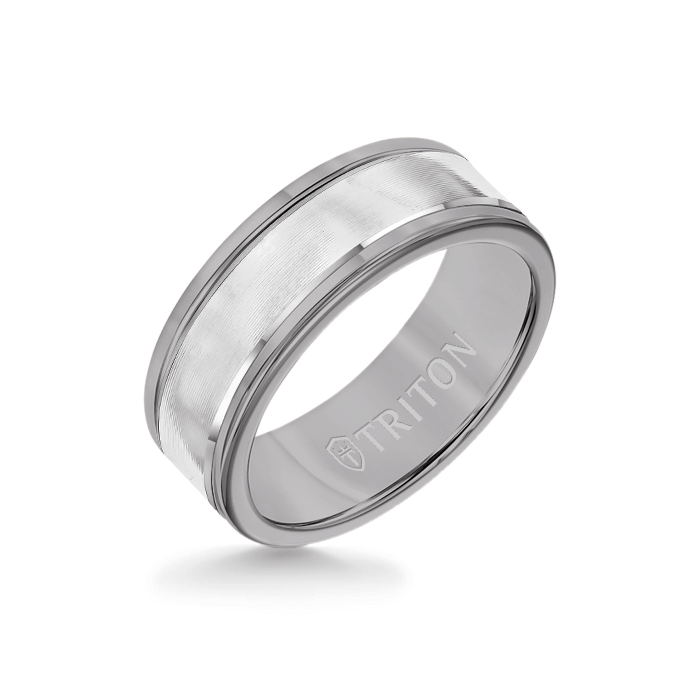 8MM Grey Tungsten Carbide Ring - Linear 14K White Gold Insert with Round Edge