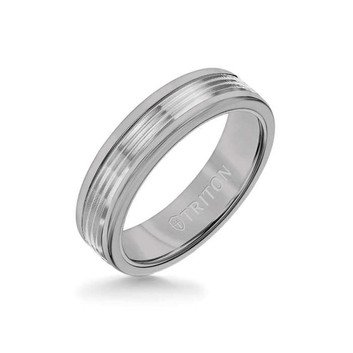 6MM Grey Tungsten Carbide Ring - Serrated Engraved 14K White Gold Insert with Round Edge