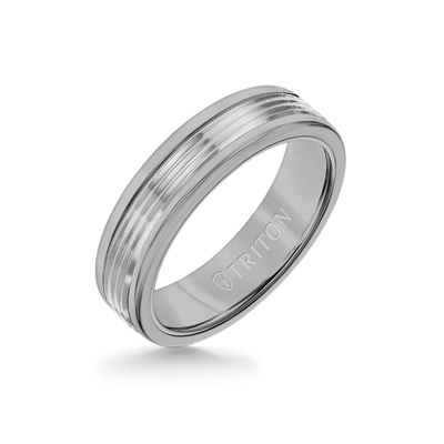 6MM Grey Tungsten Carbide Ring - Serrated Engraved 14K White Gold Insert with Round Edge
