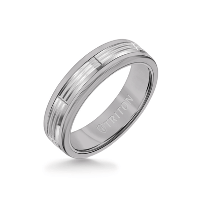 6MM Grey Tungsten Carbide Ring - Serrated Vertical Cut 14K White Gold Insert with Round Edge