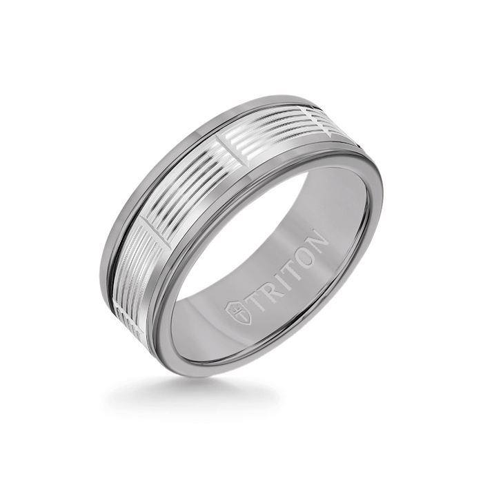 8MM Grey Tungsten Carbide Ring - Serrated Vertical Cut 14K White Gold Insert with Round Edge