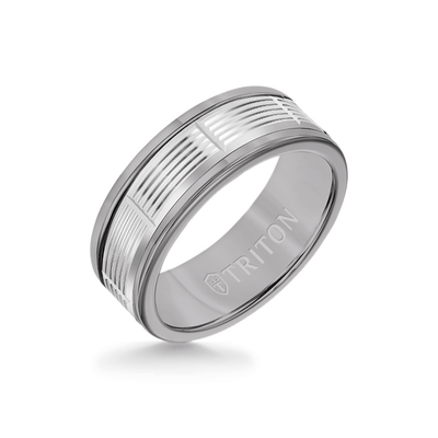 8MM Grey Tungsten Carbide Ring - Serrated Vertical Cut 14K White Gold Insert with Round Edge
