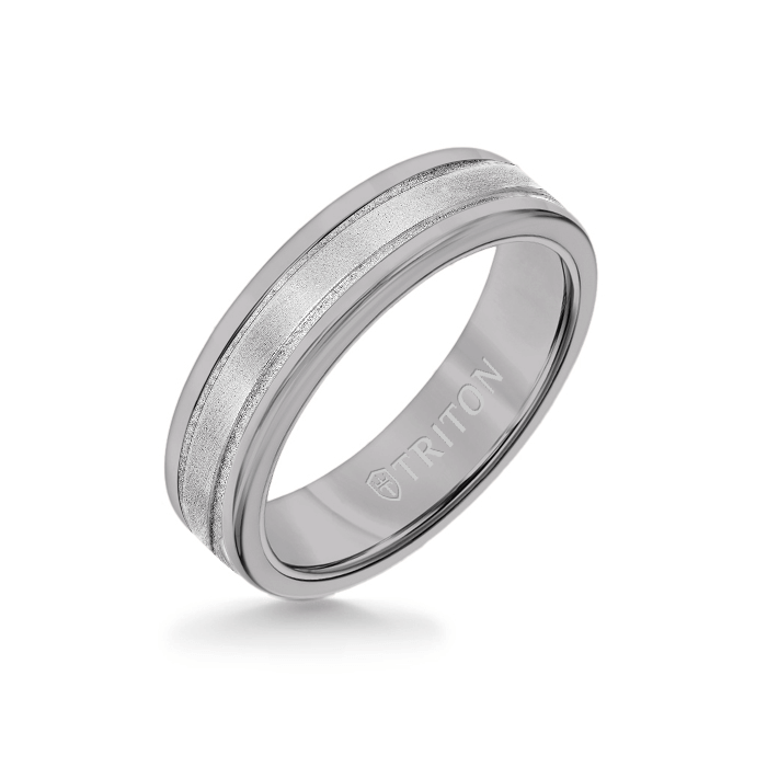 6MM Grey Tungsten Carbide Ring - Step Edge 14K White Gold Insert with Round Edge