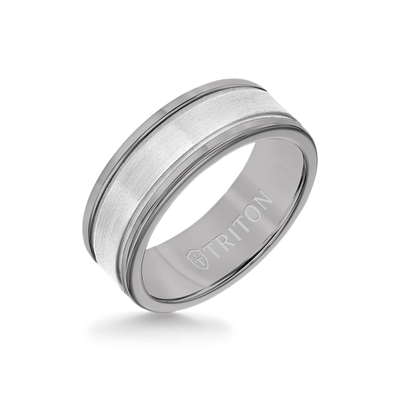 8MM Grey Tungsten Carbide Ring - Step Edge 14K White Gold Insert with Round Edge