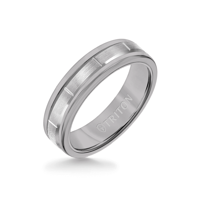 6MM Grey Tungsten Carbide Ring - Vertical Cut 14K White Gold insert with Round Edge