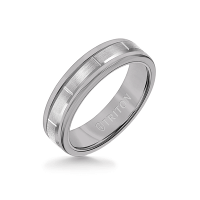 6MM Grey Tungsten Carbide Ring - Vertical Cut 14K White Gold insert with Round Edge