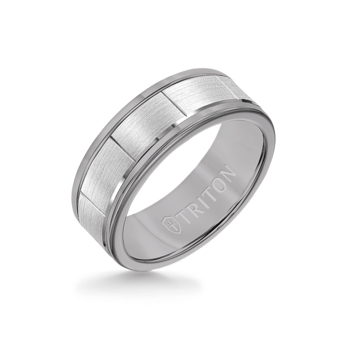 8MM Grey Tungsten Carbide - Vertical Cut 14K White Gold insert with Round Edge