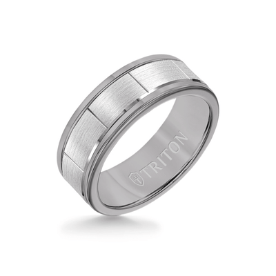 8MM Grey Tungsten Carbide - Vertical Cut 14K White Gold insert with Round Edge