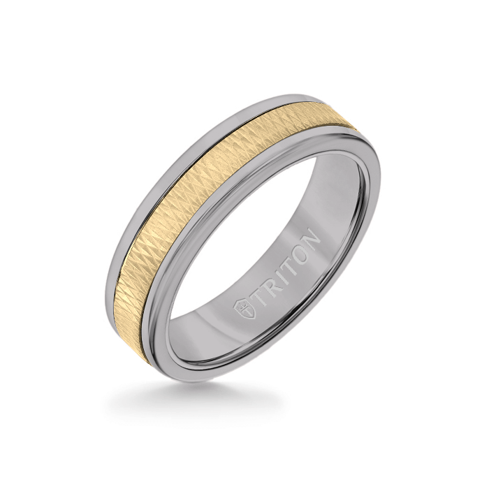 6MM Grey Tungsten Carbide Ring - Criss Cross 14K Yellow Gold Insert with Round Edge