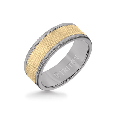 8MM Grey Tungsten Carbide Ring - Criss Cross 14K Yellow Gold Insert with Round Edge
