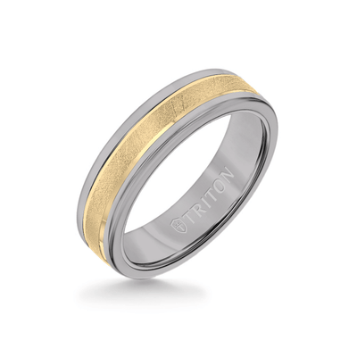 6MM Grey Tungsten Carbide Ring - Crystalline 14K Yellow Gold Insert with Round Edge