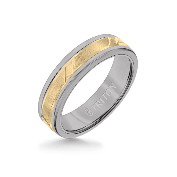 6MM Grey Tungsten Carbide Ring - Bevel Diagonal Cut 14K Yellow Gold Insert with Round Edge