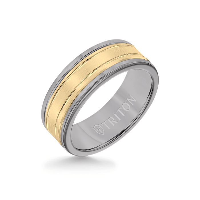 8MM Grey Tungsten Carbide Ring - Double Engraved 14K Yellow Gold Insert with Round Edge