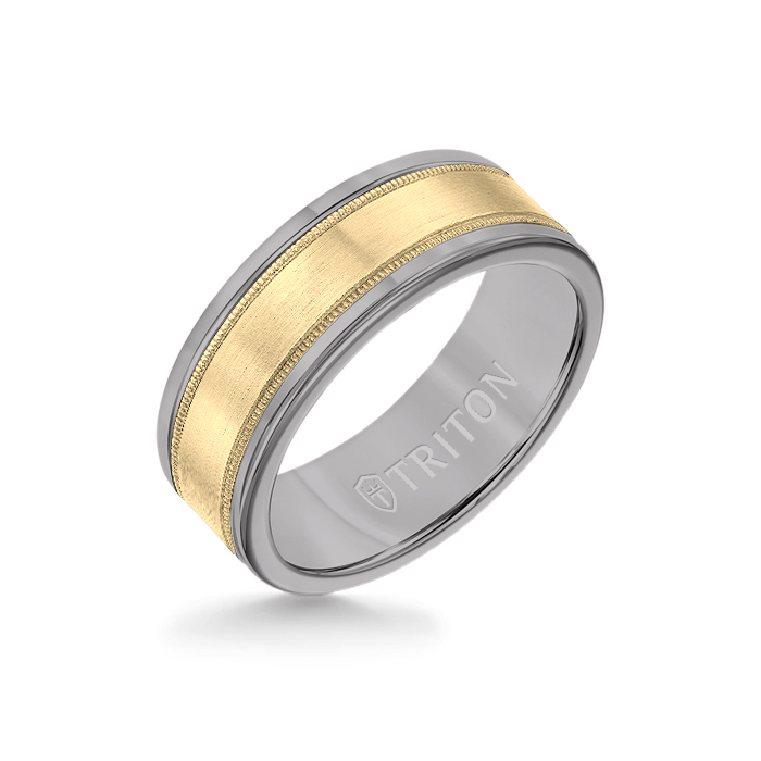 8MM Grey Tungsten Carbide Ring - Flat Milgrain 14K Yellow Gold Insert with Round Edge
