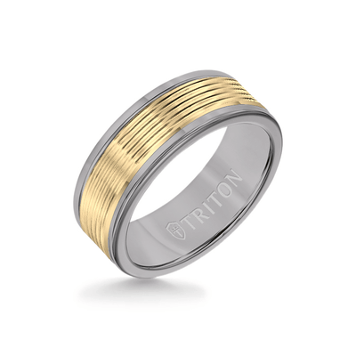 8MM Grey Tungsten Carbide Ring - Serrated Engraved 14K Yellow Insert with Round Edge