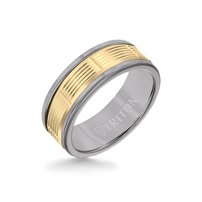 8MM Grey Tungsten Carbide Ring - Serrated Vertical Cut 14K Yellow Gold Insert with Round Edge
