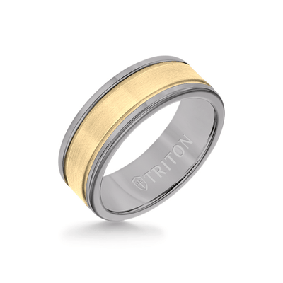 8MM Grey Tungsten Carbide Ring - Step Edge 14K Yellow Gold Insert with Round Edge