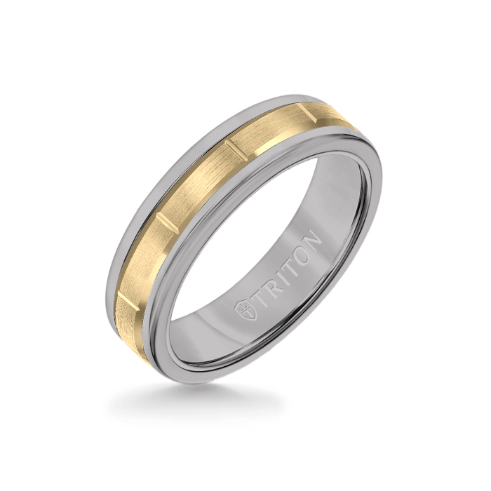 6MM Grey Tungsten Carbide Ring - Vertical Cut 14K Yellow Gold insert with Round Edge