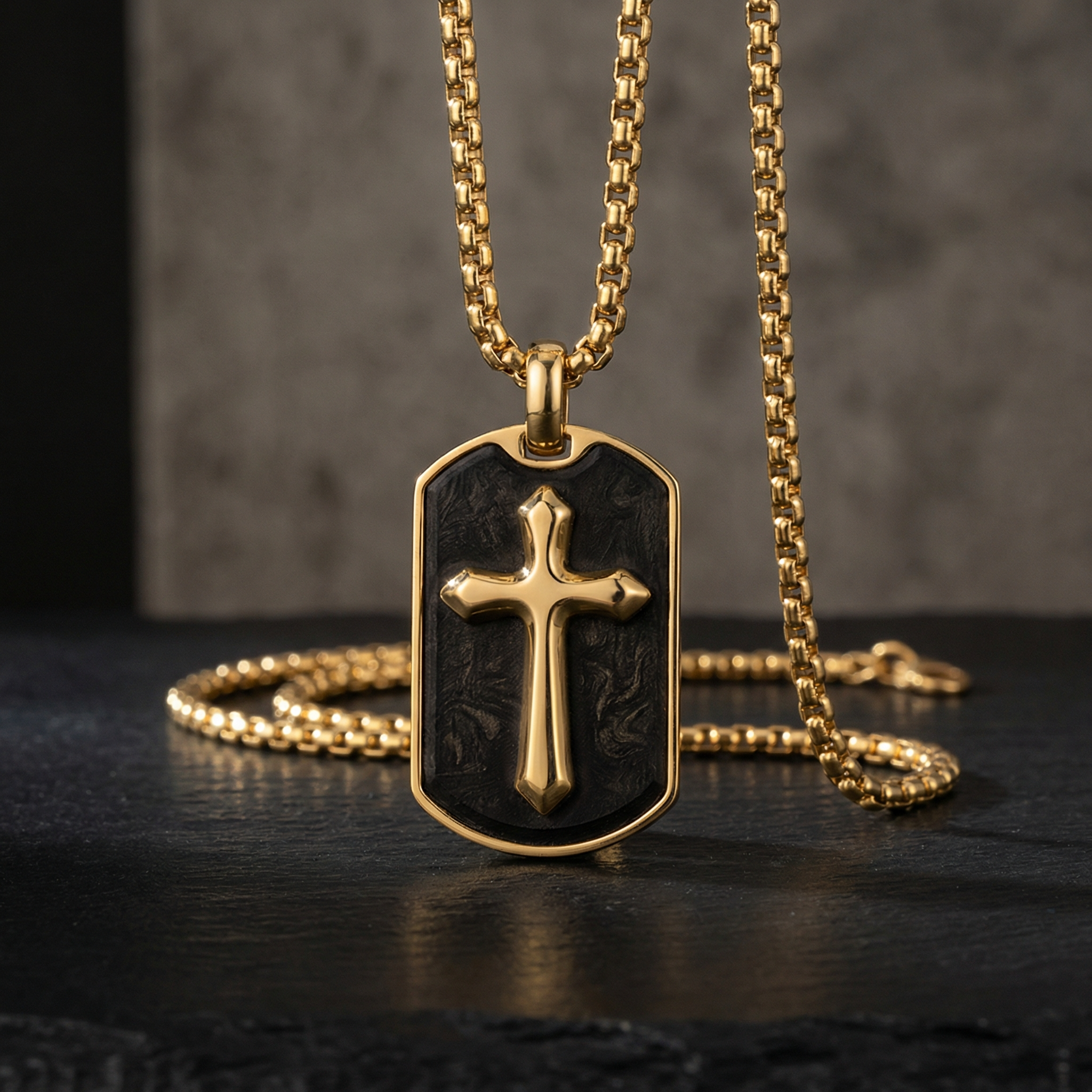 Gold Stainless Steel Pendant with Forged Carbon Fiber Inlay with 22in Matching Chain