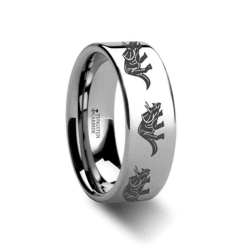 Dinosaur Ring Triceratops Ring Prehistoric Paleo Engraved Flat Tungsten Ring - 4mm - 12mm - Thorsten Rings