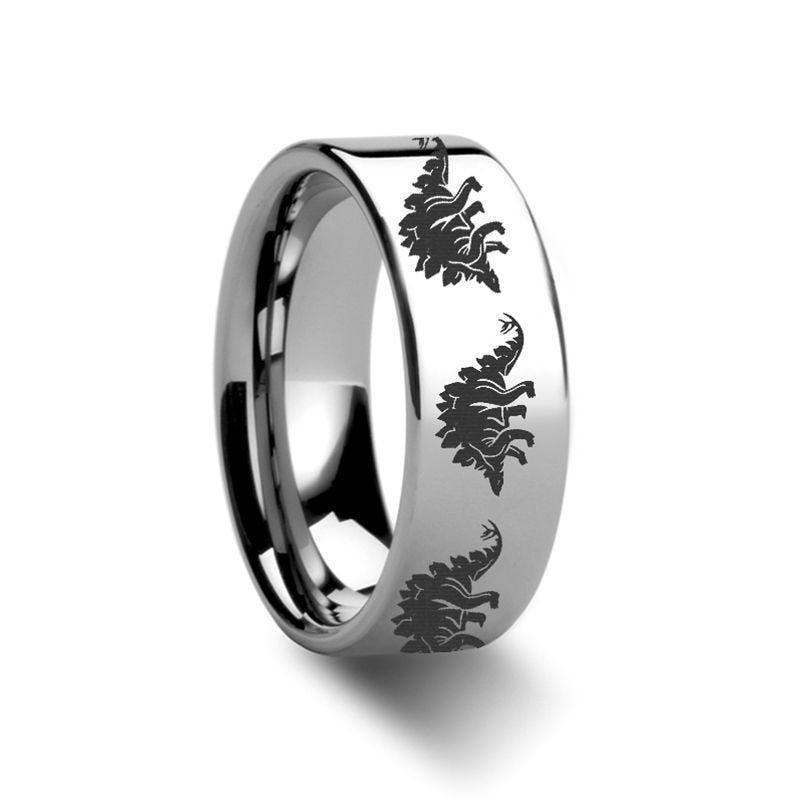 Dinosaur Rings Stegasaurus Ring Prehistoric Paleo Engraved Flat Tungsten Ring - 4mm - 12mm - Thorsten Rings
