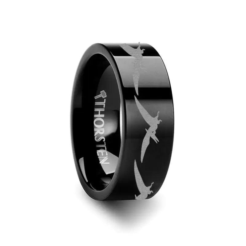 Dinosaur Teradactyl Prehistoric Paleo Engraved Flat Black Tungsten Ring - 4mm - 12mm