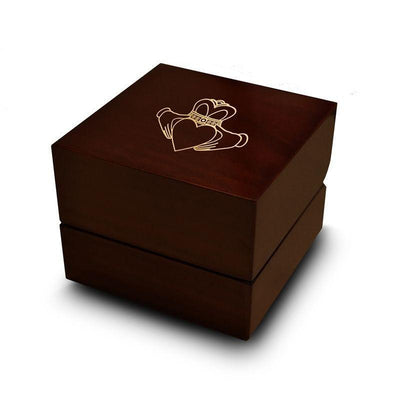 Claddagh Crowned Heart Shaped Symbol Engraved Chocolate Dark Wood Personalized Wooden Wedding Ring Box