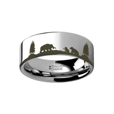 Animal Landscape Scene Bears Bear Cubs Engraved Flat Tungsten Ring - 4mm - 12mm