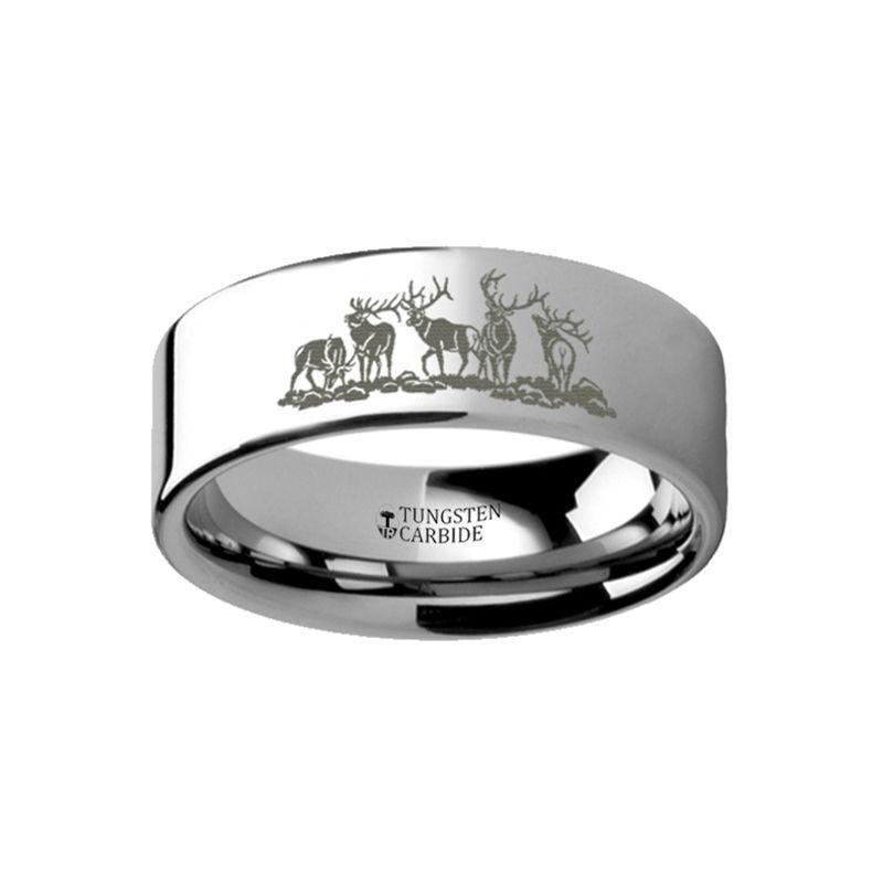 Animal Landscape Scene Five Deer Stag Hunting Ring Engraved Flat Tungsten Ring - 4mm - 12mm - Thorsten Rings