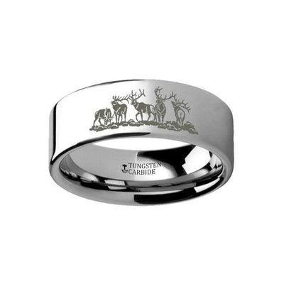 Animal Landscape Scene Five Deer Stag Hunting Engraved Flat Tungsten Ring - 4mm - 12mm