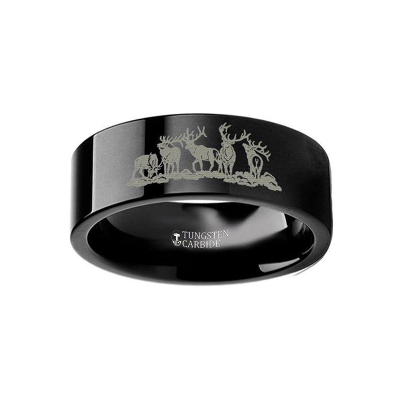Animal Landscape Scene Five Deer Stag Hunting Ring Engraved Flat Black Tungsten Ring - 4mm - 12mm - Thorsten Rings