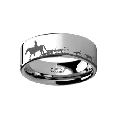 Animal Landscape Scene Fox Hunt Hunting Engraved Flat Tungsten Ring - 4mm - 12mm