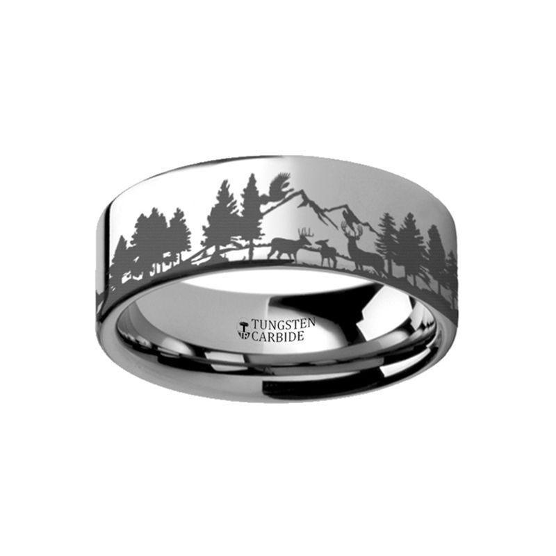 Animal Landscape Scene Reindeer Deer Stag Mountain Range Ring Engraved Flat Tungsten Ring - 4mm - 12mm - Thorsten Rings