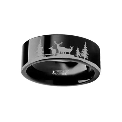 Animal Landscape Scene Reindeer Deer Stag Engraved Flat Black Tungsten Ring - 4mm - 12mm