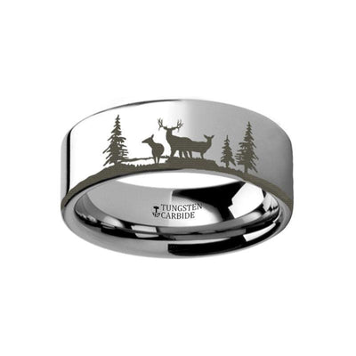 MUIR Animal Landscape Scene Reindeer Deer Stag Engraved Flat Tungsten Ring - 4mm - 12mm