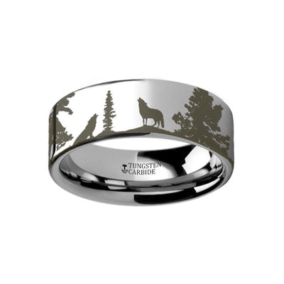 Animal Landscape Scene Wolf Wolves Engraved Flat Tungsten Ring - 4mm - 12mm