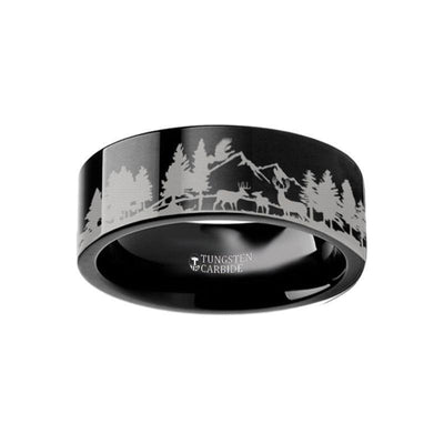 Animal Scene Reindeer Deer Stag Mountain Range Canvas Engraved Flat Black Tungsten Ring - 4mm - 12mm