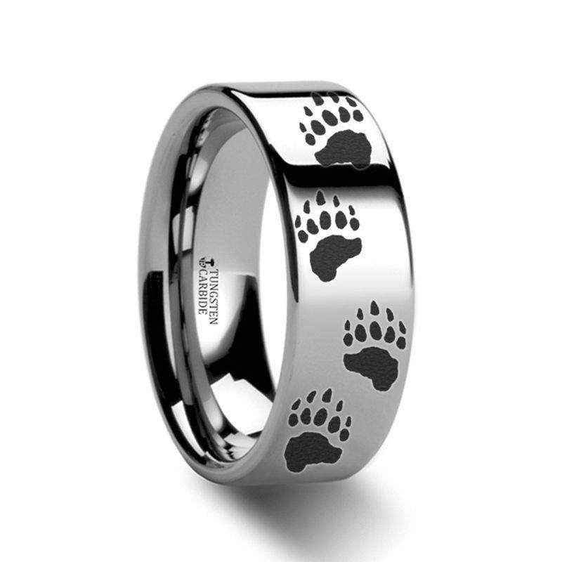 Animal Track Bear Paw Print Ring Engraved Flat Tungsten - 4mm - 12mm - Thorsten Rings