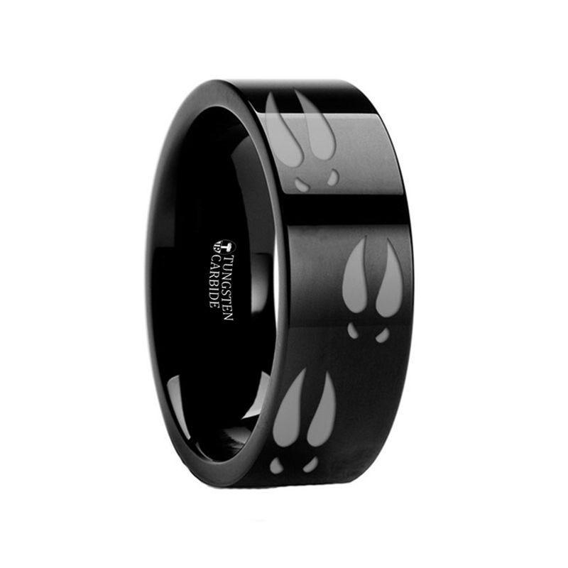 Animal Track Deer Print Ring Engraved Flat Black Tungsten Ring - 4mm - 12mm - Thorsten Rings