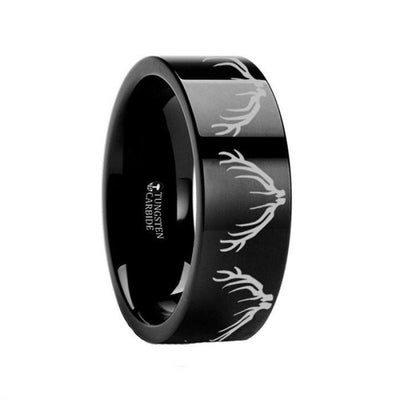 Deer Elk Antler Engraved Flat Black Tungsten Ring Polished- 4mm - 12mm