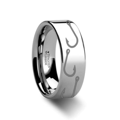 Fishing Hook Pattern Engraved Flat Tungsten Ring - 4mm - 12mm