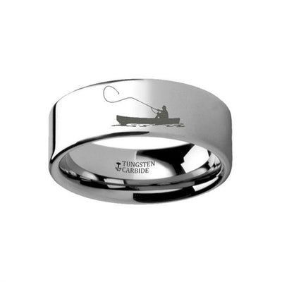 Hunting Landscape Scene Fishing Boat Fishermen Fish Engraved Flat Tungsten Ring - 4mm - 12mm