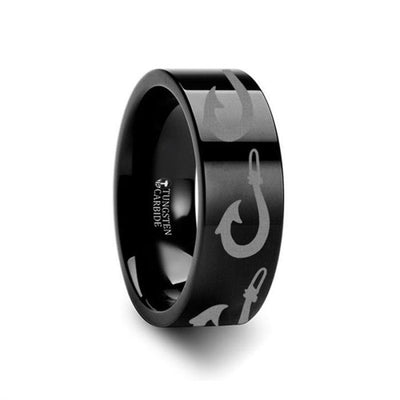 Large Polynesian Fishing Hook Pattern Engraved Flat Black Tungsten Ring - 4mm - 12mm
