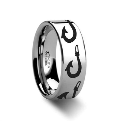 Large Polynesian Fishing Hook Pattern Engraved Flat Tungsten Ring - 4mm - 12mm