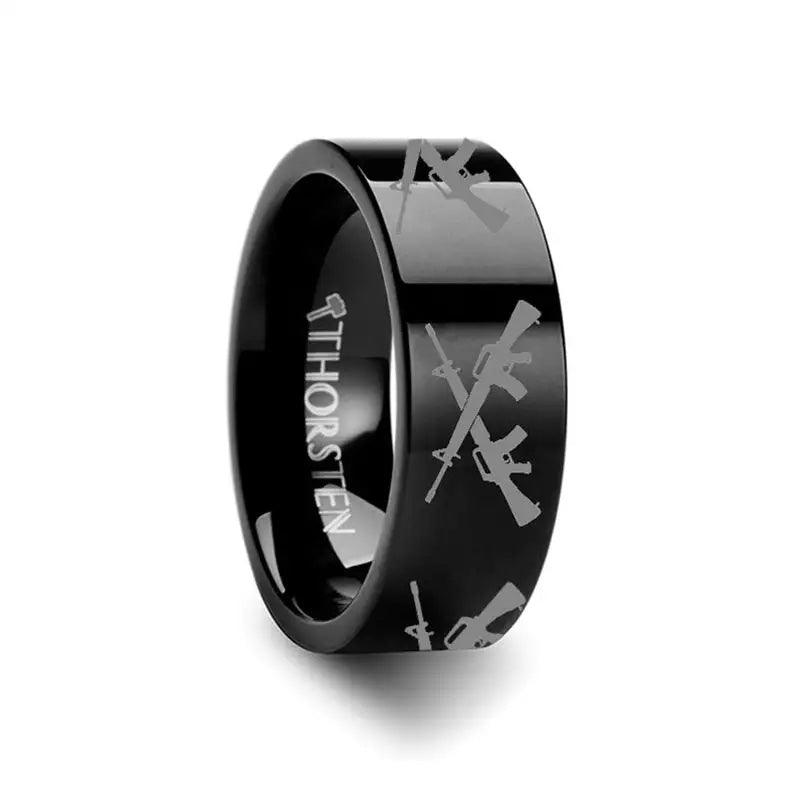 M16 CROSSED Print Design Engraved Flat Tungsten Black Ring - 4mm - 12mm